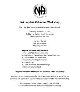NA Helpline Volunteer Workshop @ Hanover Marriott - Skylands Room - 3rd Floor